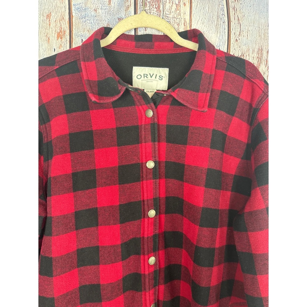 Orvis Mens XXL Red‎ Black Buffalo Plaid Fleece Lined Flannel Snap Shirt Jacket